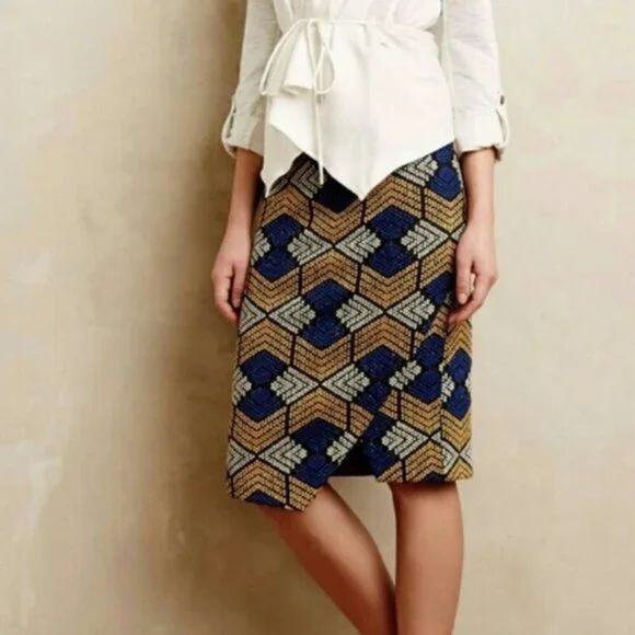 Anthropologie Maeve Kanara Cotton Knit Faux Wrap Geometric Print Pencil Skirt - Picture 4 of 13